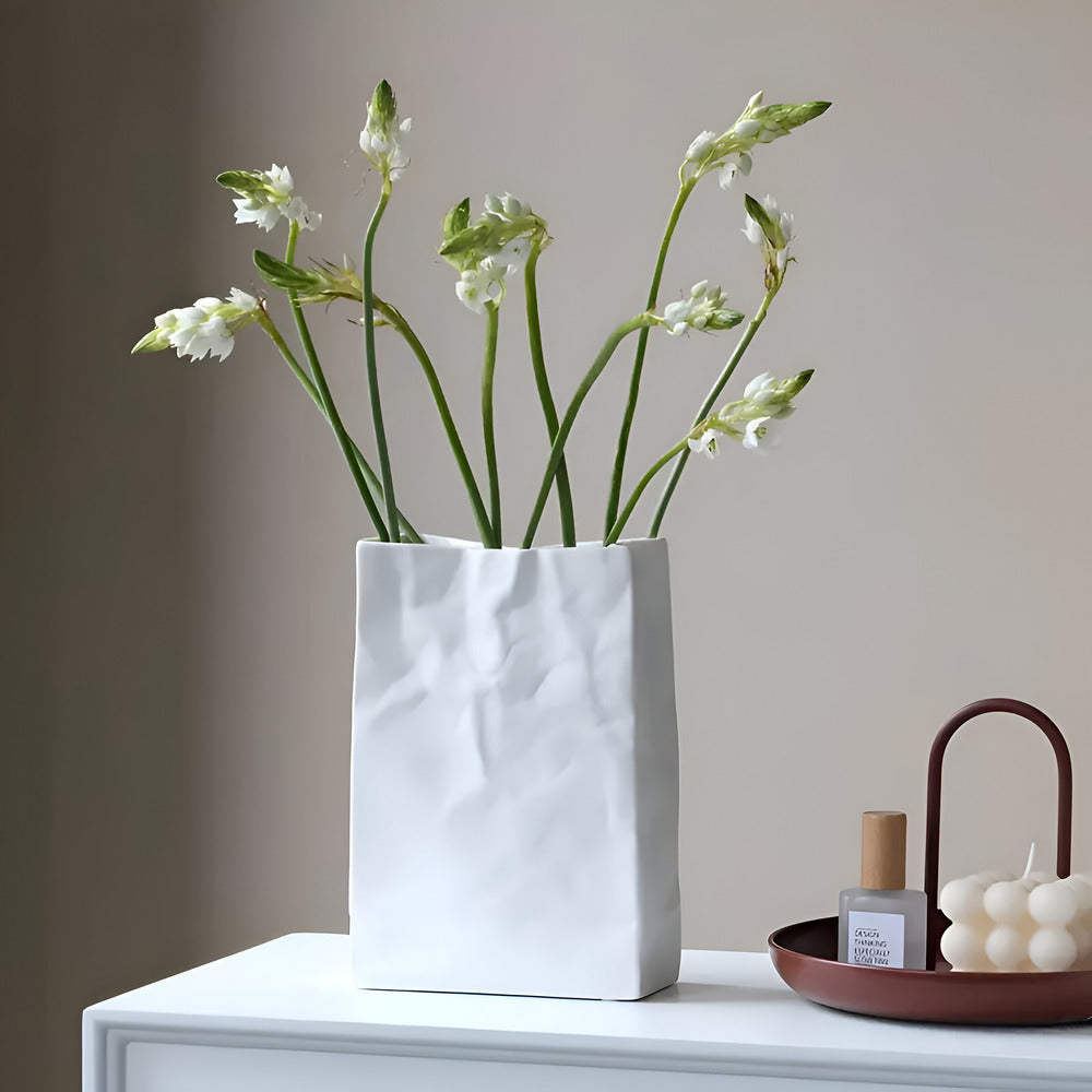Handcrafted Textured Decor Vase – Unique Paper Bag Style in Ceramic