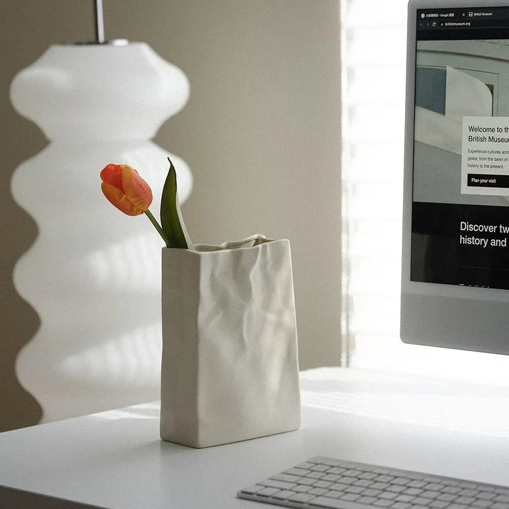 Handcrafted Textured Decor Vase – Unique Paper Bag Style in Ceramic