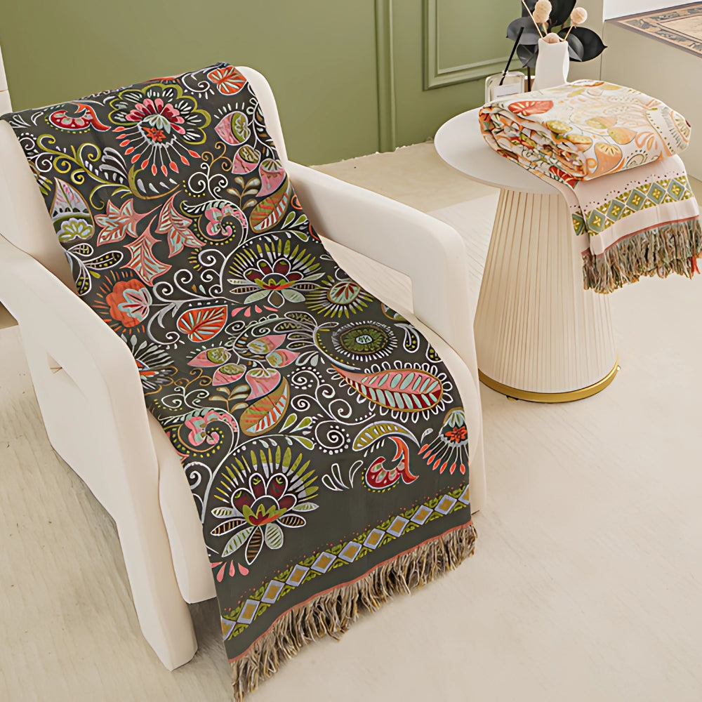 Reversible Cotton Throw Blanket in Bohemian Style