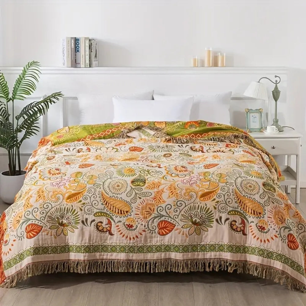 Reversible Cotton Throw Blanket in Bohemian Style