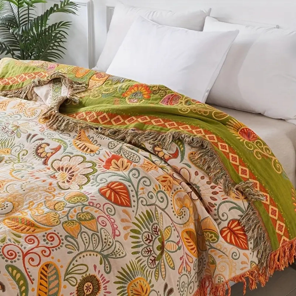 Reversible Cotton Throw Blanket in Bohemian Style