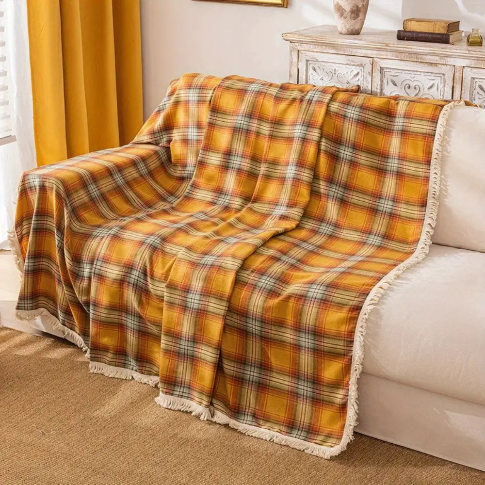 Non-Slip Tartan Throw for Sofa - Soft Microfiber Cover in Chestnut