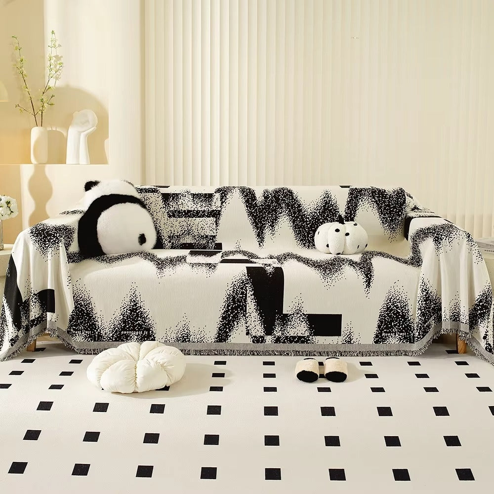 Modern Abstract Sofa Cover with Fringe Trim
