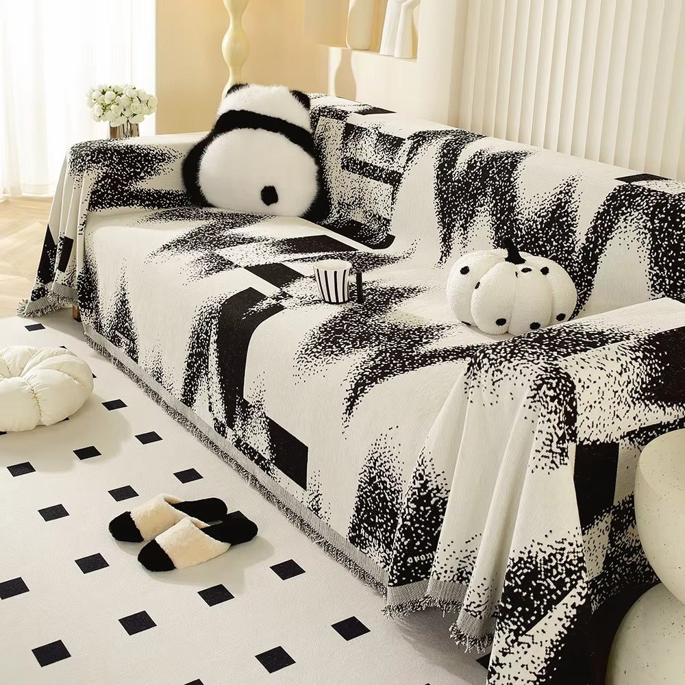 Modern Abstract Sofa Cover with Fringe Trim