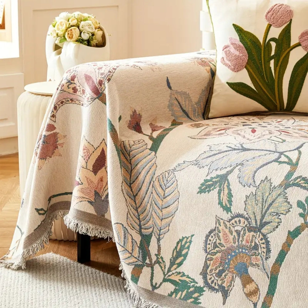 Reversible Floral Jacquard Sofa Cover in Soft Fabric