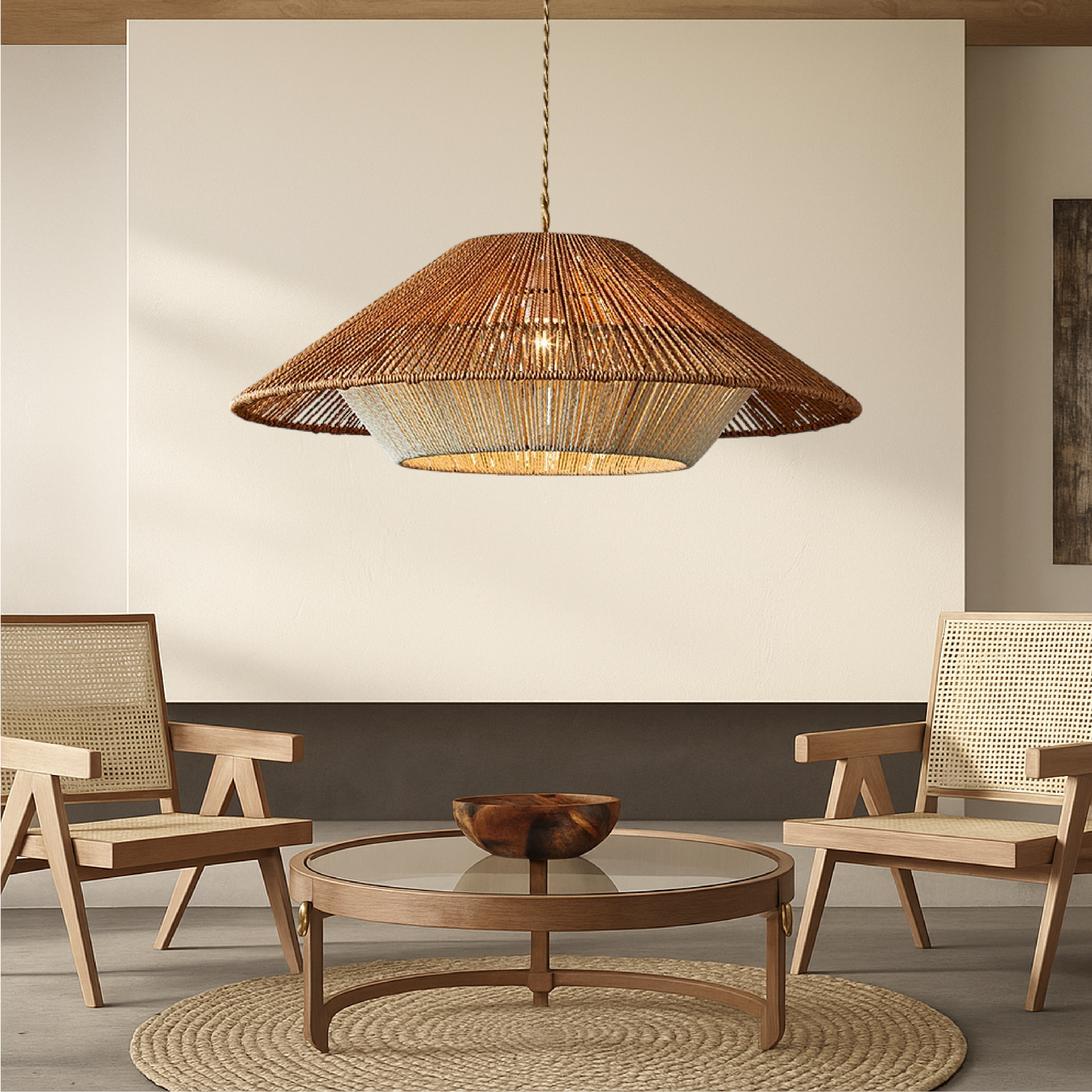 Woven Bamboo Pendant Light featuring a Broad Conical Shade