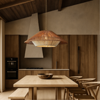 Woven Bamboo Pendant Light featuring a Broad Conical Shade