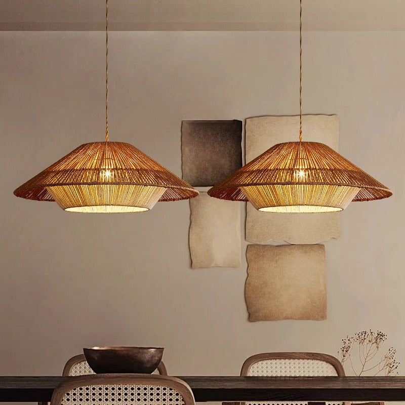 Woven Bamboo Pendant Light featuring a Broad Conical Shade