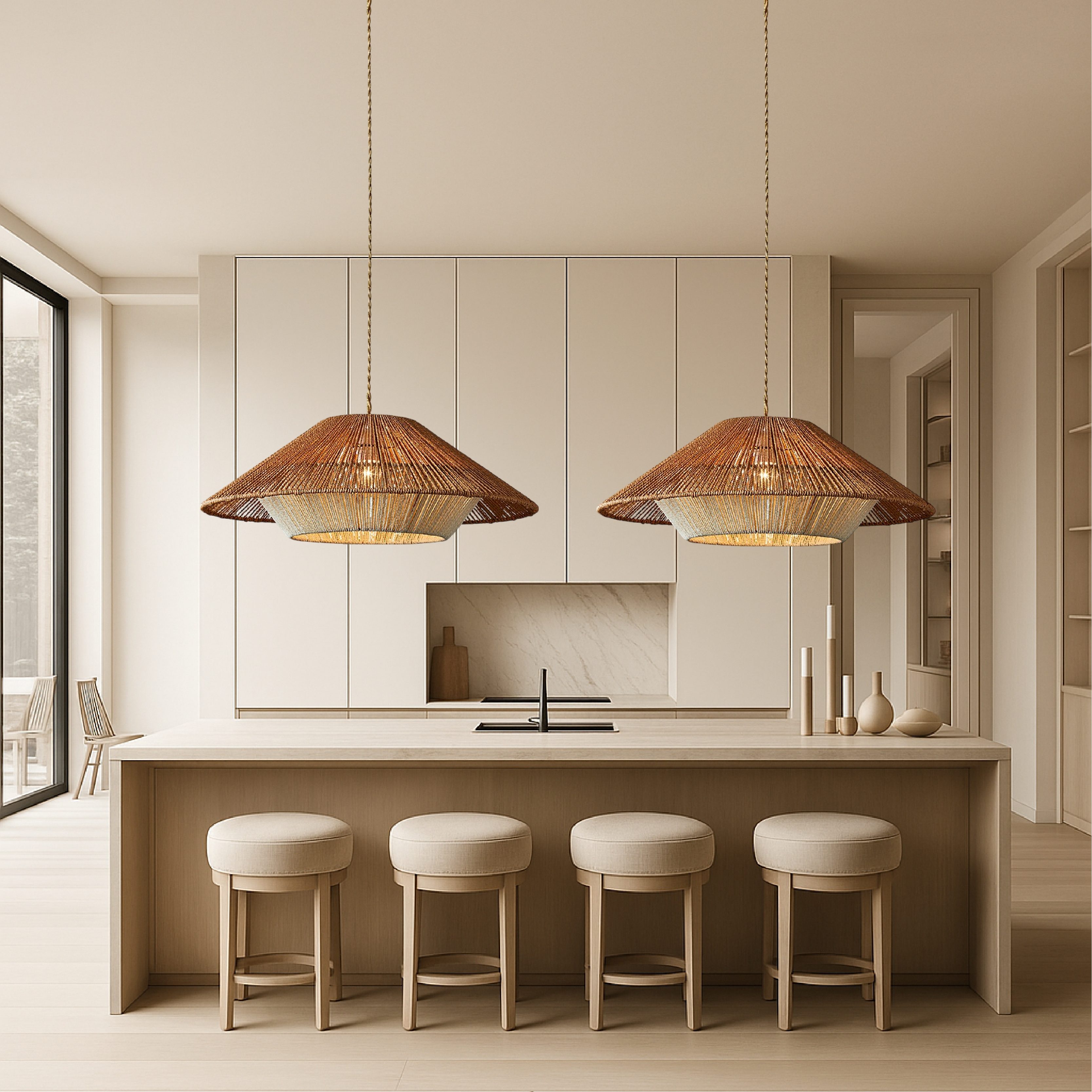 Woven Bamboo Pendant Light featuring a Broad Conical Shade