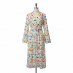 Flannel Bathrobe with Floral Design and Shawl Collar, Tie Waist