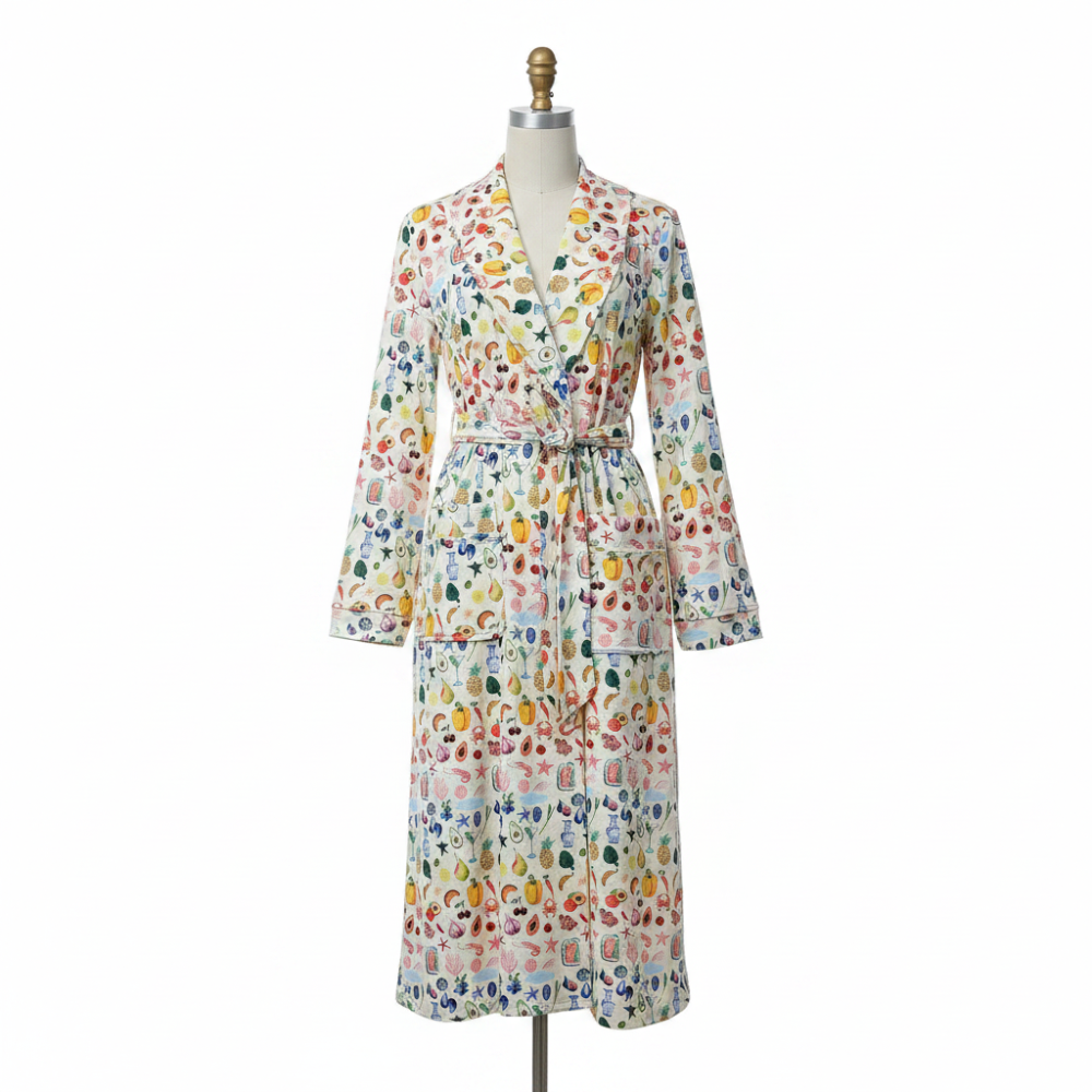 Flannel Bathrobe with Floral Design and Shawl Collar, Tie Waist