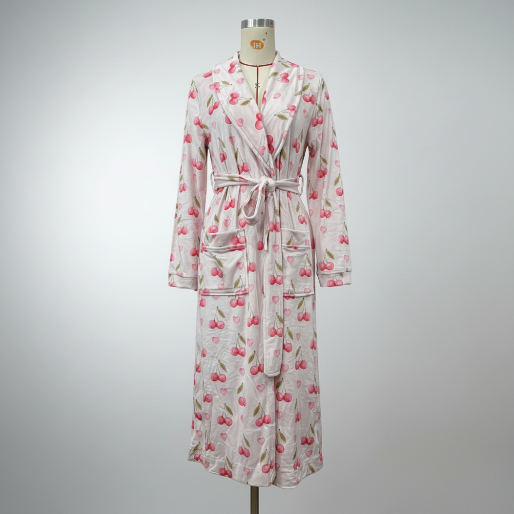 Flannel Bathrobe with Floral Design and Shawl Collar, Tie Waist