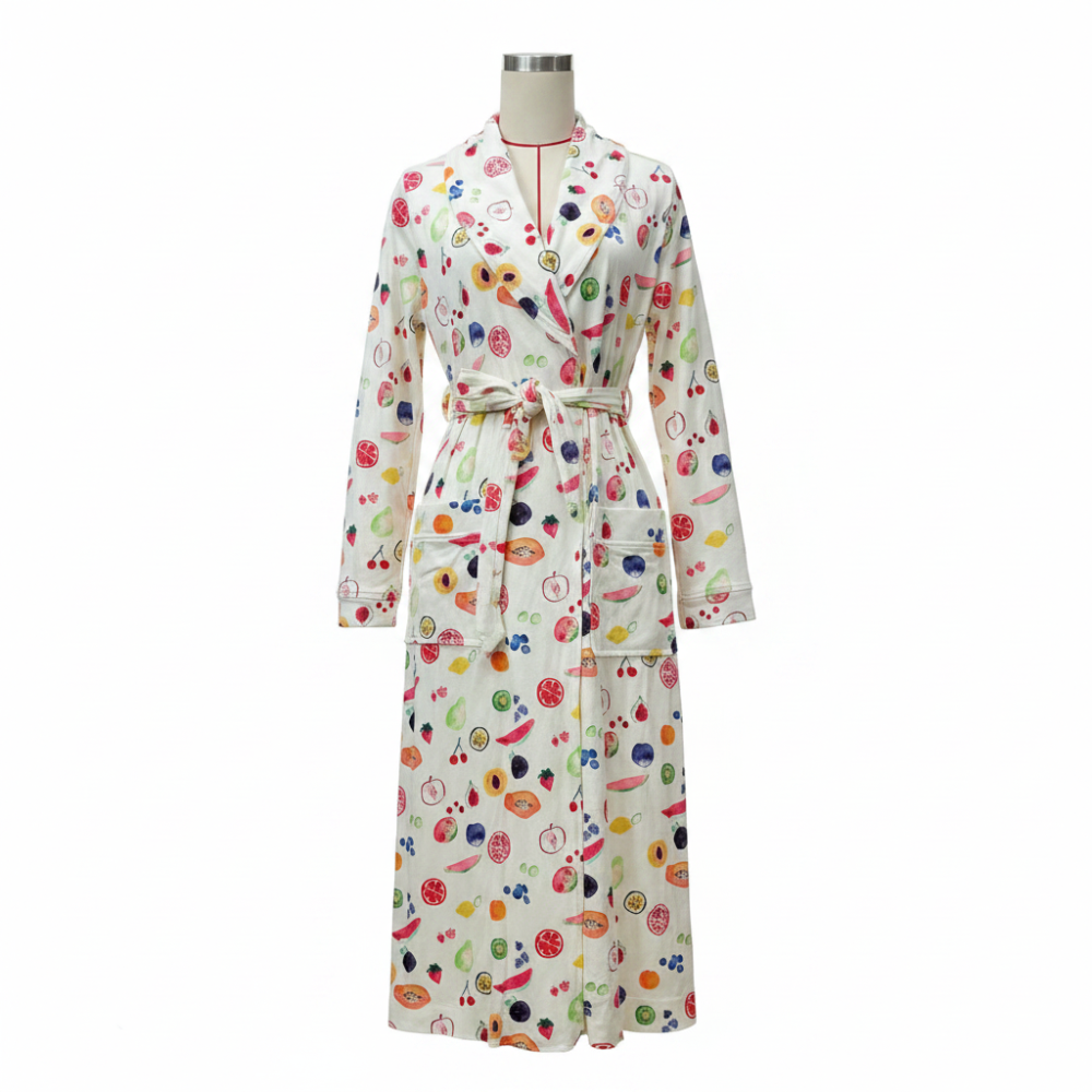 Flannel Bathrobe with Floral Design and Shawl Collar, Tie Waist