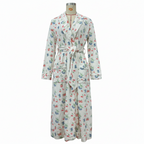 Flannel Bathrobe with Floral Design and Shawl Collar, Tie Waist