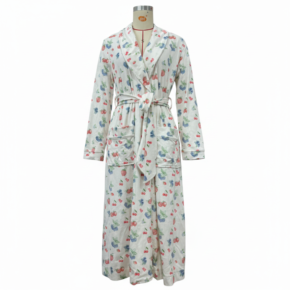 Flannel Bathrobe with Floral Design and Shawl Collar, Tie Waist