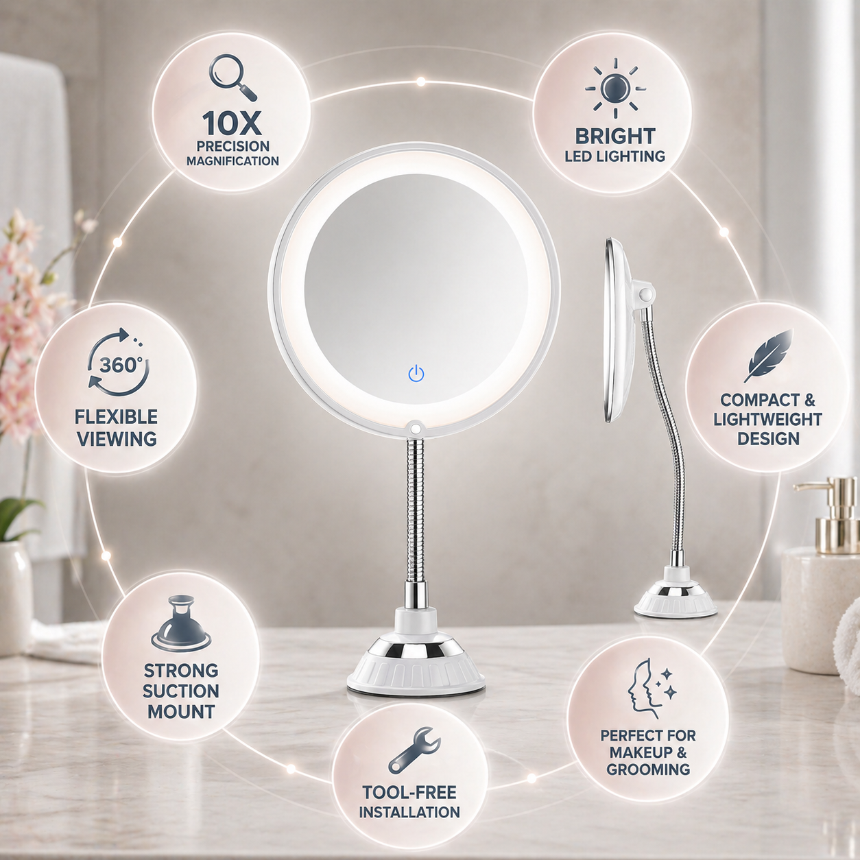 LED Bathroom Mirror with Magnification and Adjustable Arm