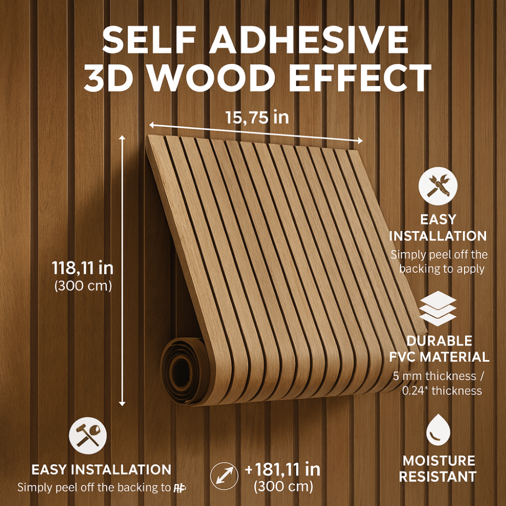 Self-Adhesive PVC Wall Panels with 3D Wood Design for Home Decoration