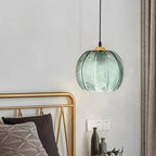 Green Hanging Light with Ribbed Glass Shade - Vintage Pendant Lamp