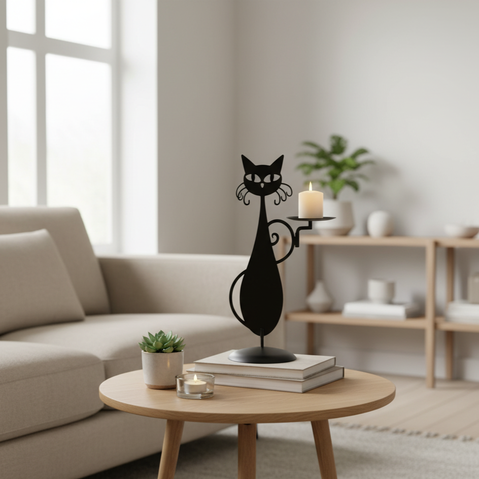 Candle Holder in Black Cat Shape – Metal Decoration for Small Candles