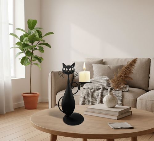 Candle Holder in Black Cat Shape – Metal Decoration for Small Candles