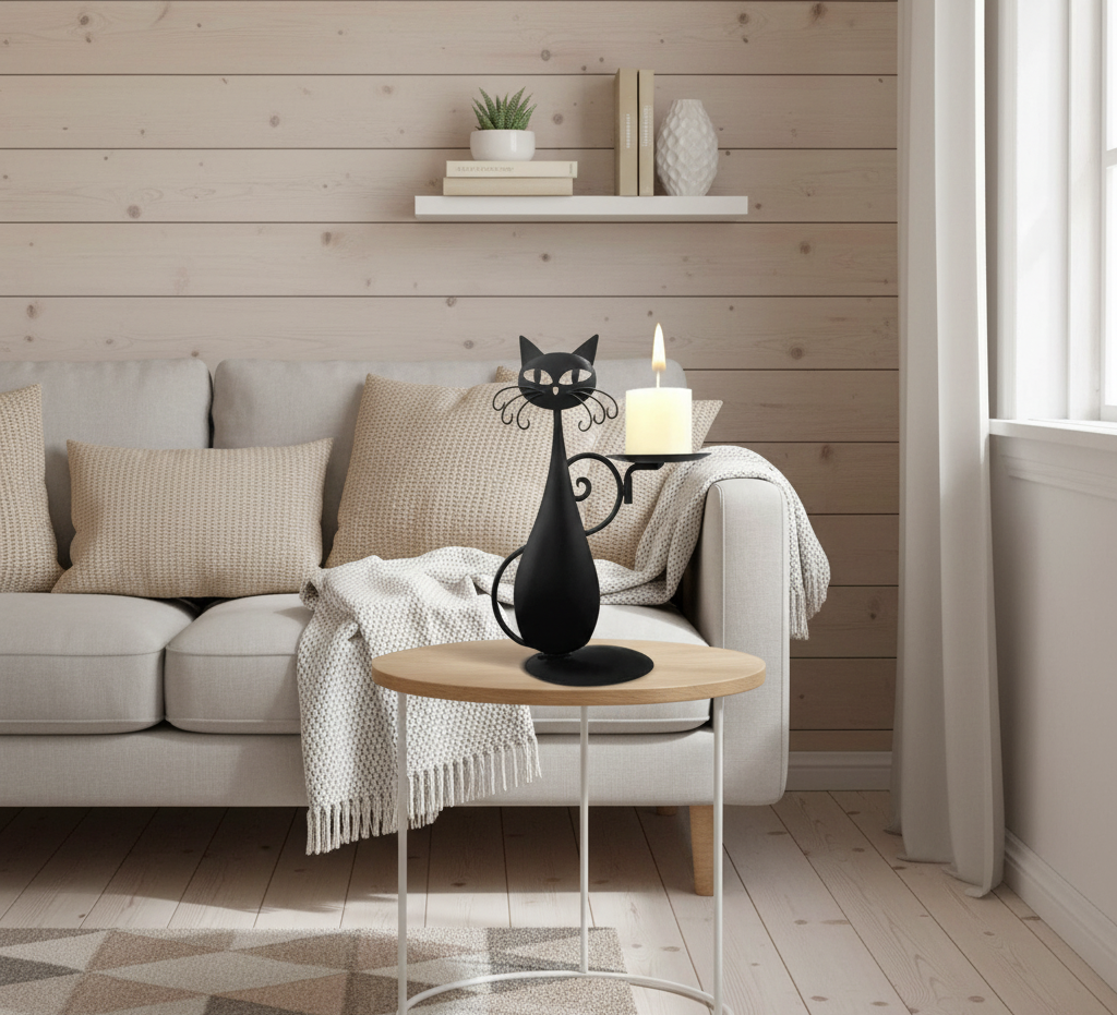 Candle Holder in Black Cat Shape – Metal Decoration for Small Candles