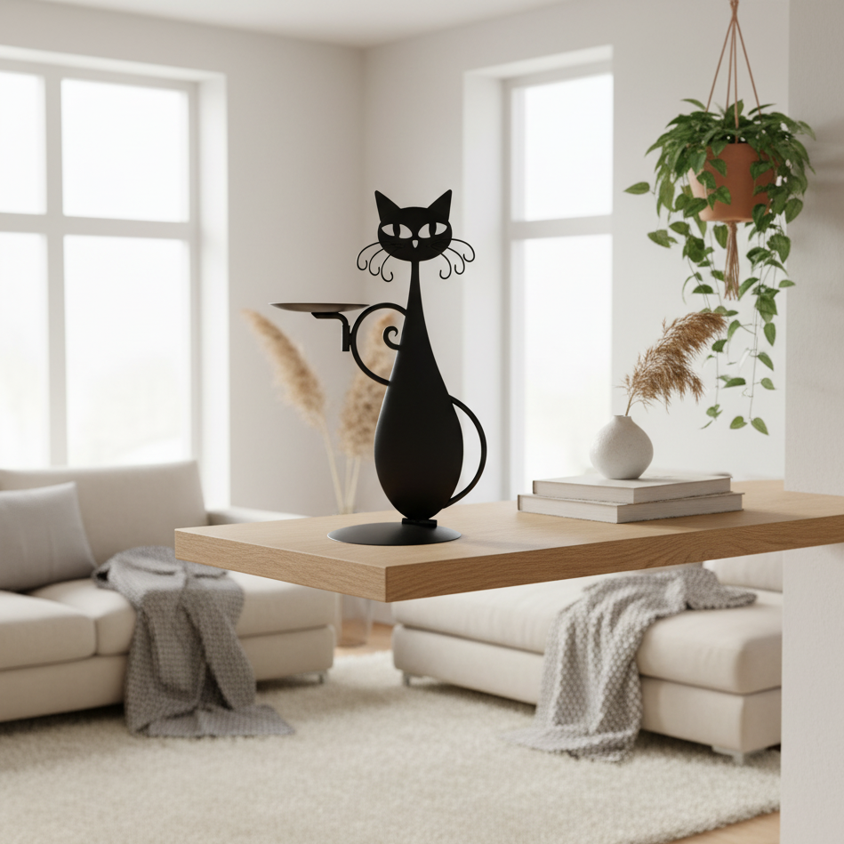Candle Holder in Black Cat Shape – Metal Decoration for Small Candles