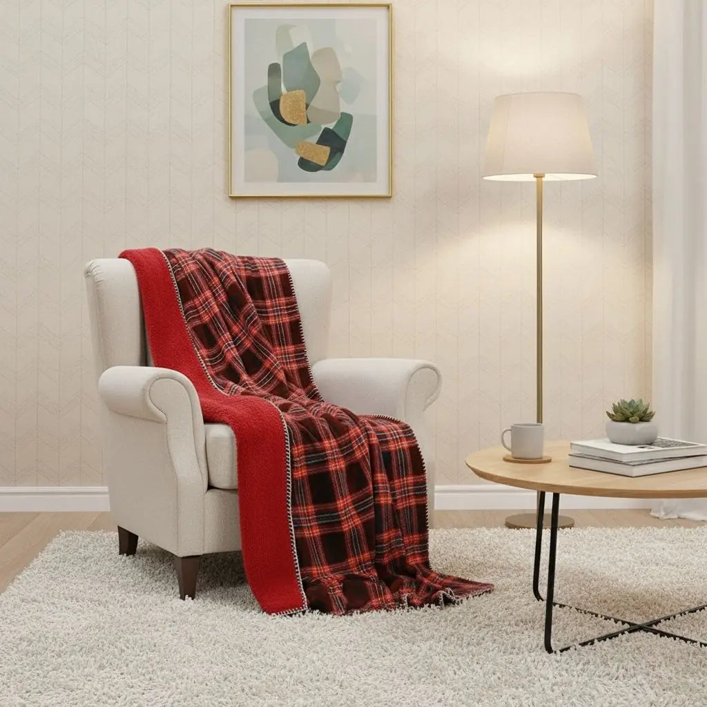 Cozy Checkered Fleece Blanket with Soft Coral Lining