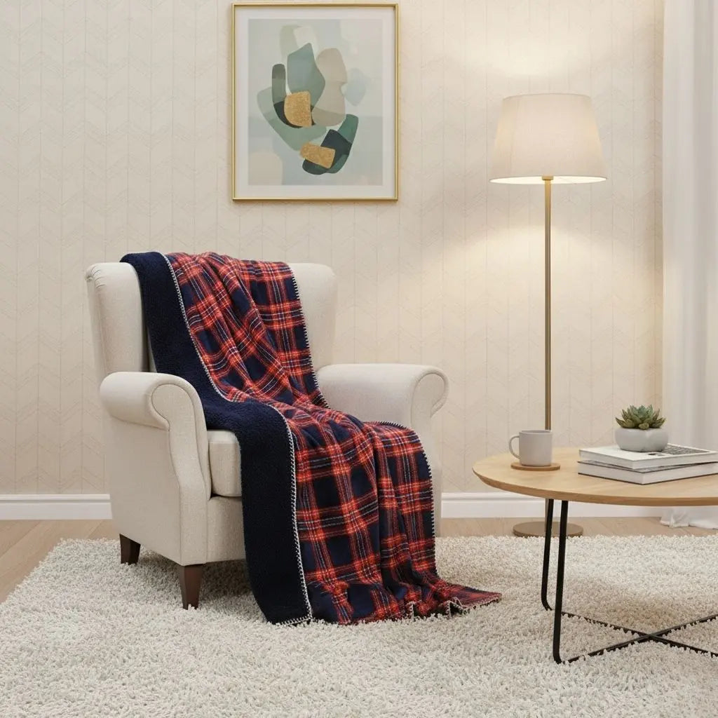 Cozy Checkered Fleece Blanket with Soft Coral Lining