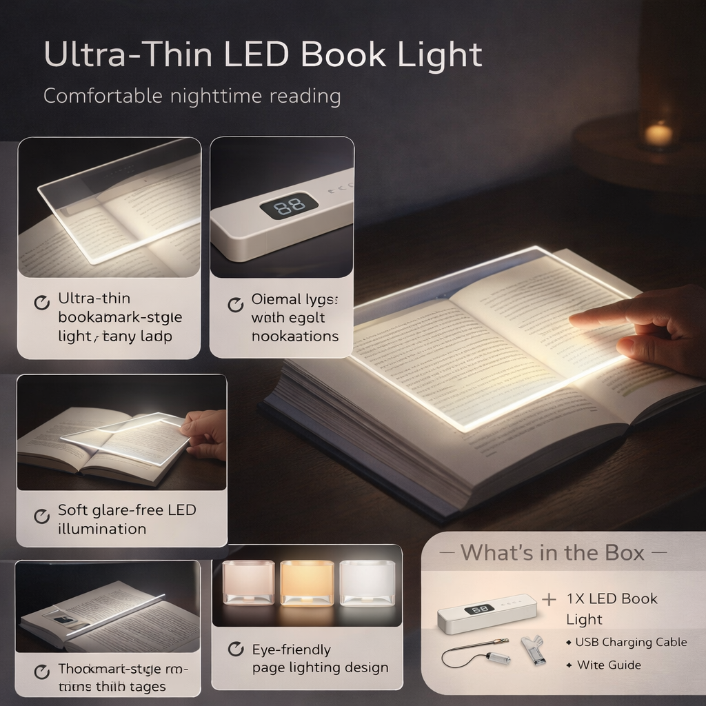 Ultra Thin USB Rechargeable LED Reading Lamp with Book Light