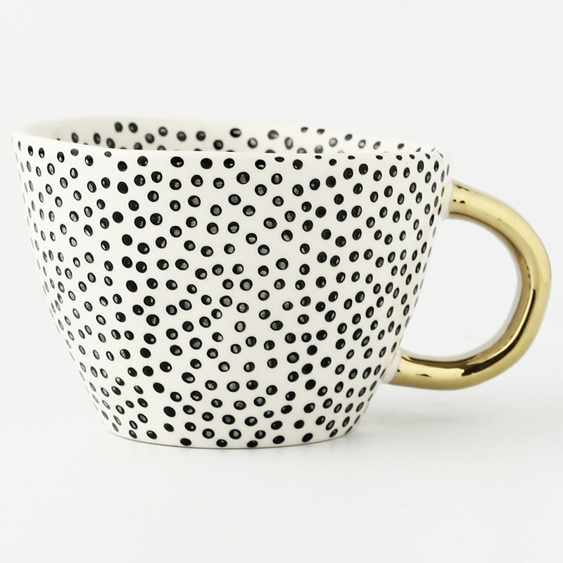 Chic Ceramic Coffee Mug with Gold Handle and Geometric Pattern