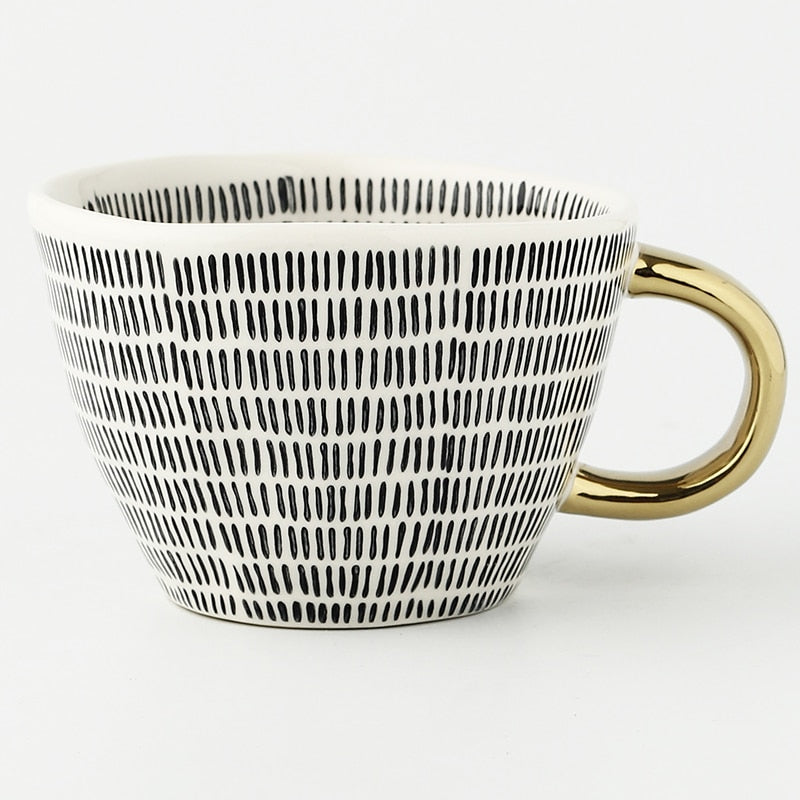 Chic Ceramic Coffee Mug with Gold Handle and Geometric Pattern