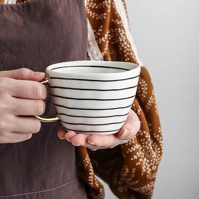 Chic Ceramic Coffee Mug with Gold Handle and Geometric Pattern