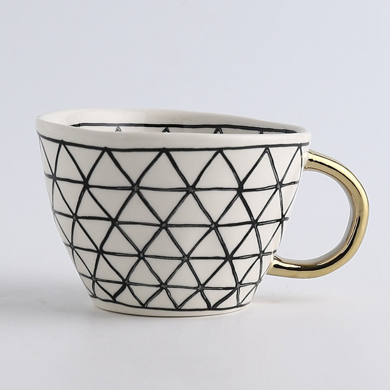 Chic Ceramic Coffee Mug with Gold Handle and Geometric Pattern