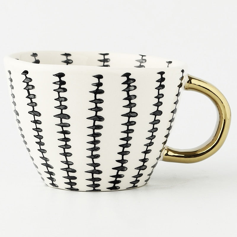 Chic Ceramic Coffee Mug with Gold Handle and Geometric Pattern