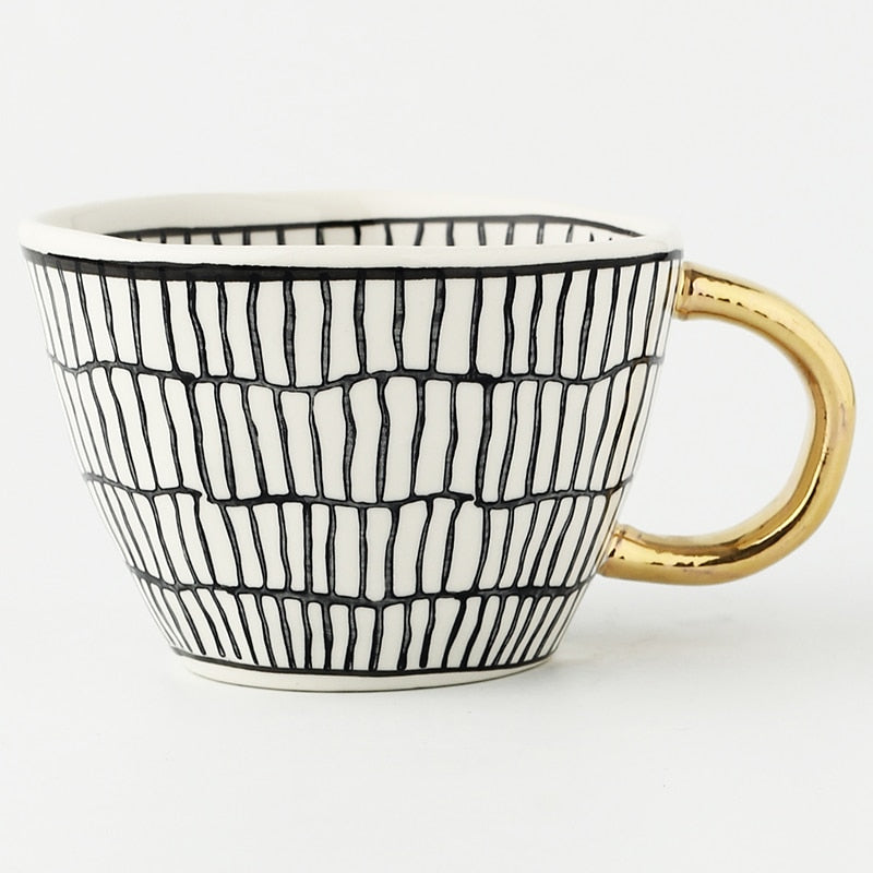 Chic Ceramic Coffee Mug with Gold Handle and Geometric Pattern