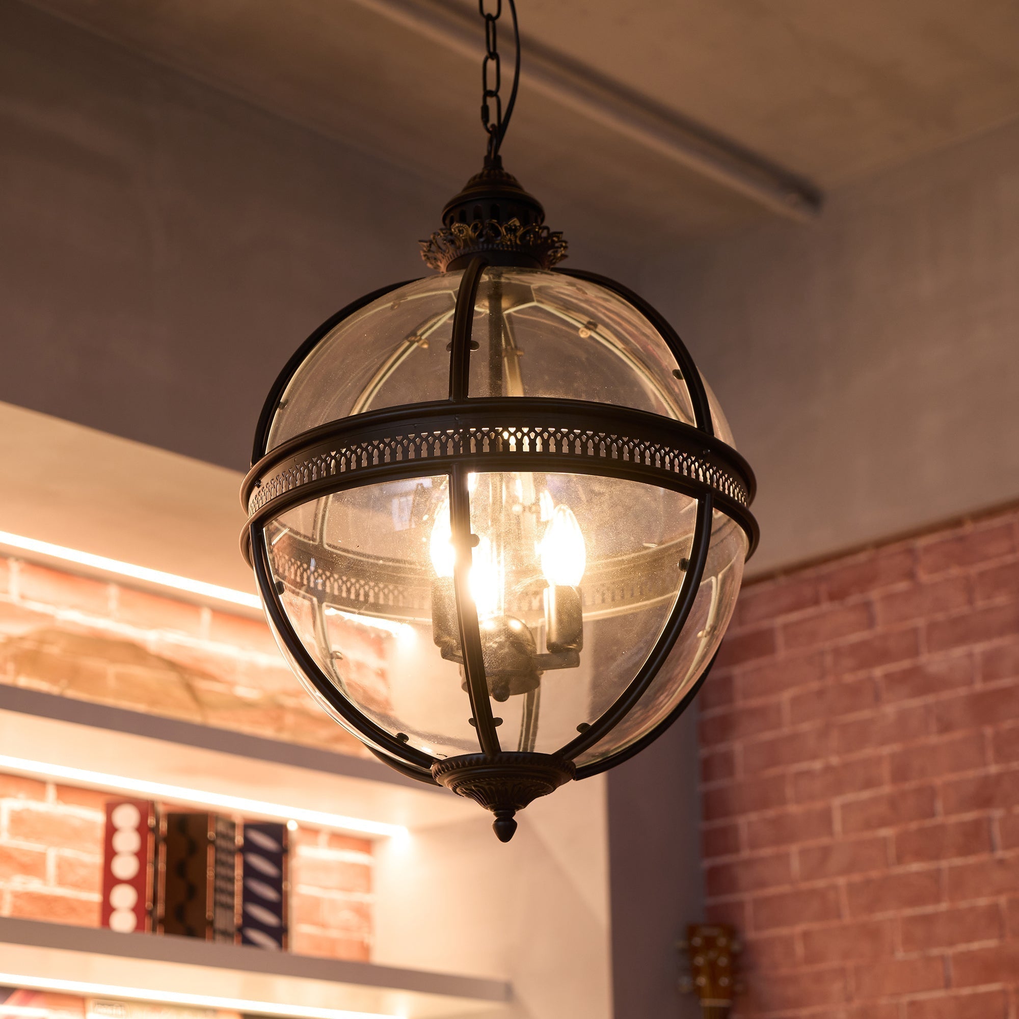 Industrial Globe Hanging Light Fixture - Vintage Glass Pendant