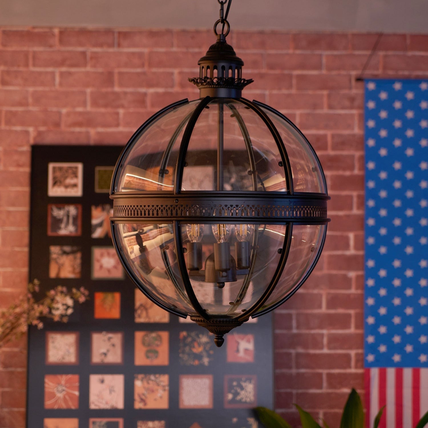Industrial Globe Hanging Light Fixture - Vintage Glass Pendant