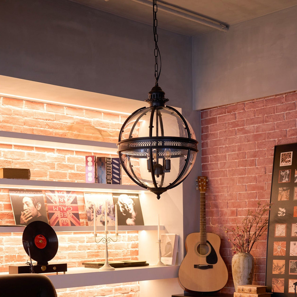 Industrial Globe Hanging Light Fixture - Vintage Glass Pendant