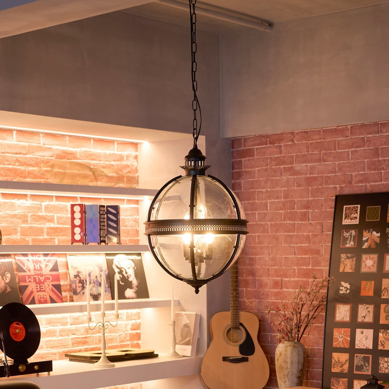Industrial Globe Hanging Light Fixture - Vintage Glass Pendant