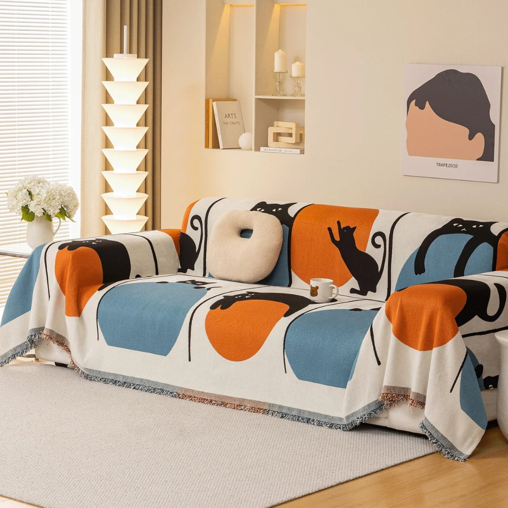 Chenille Sofa Cover with Cat Design - Versatile Use