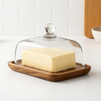 Elegant Glass Butter Dish with Lid and Wooden Base