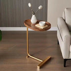 Compact C-Shaped Side Table in Wood and Metal for Sofa or Bed