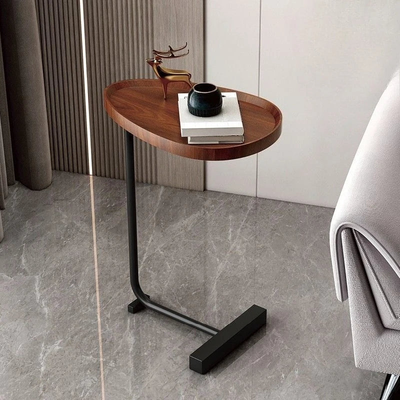 Compact C-Shaped Side Table in Wood and Metal for Sofa or Bed