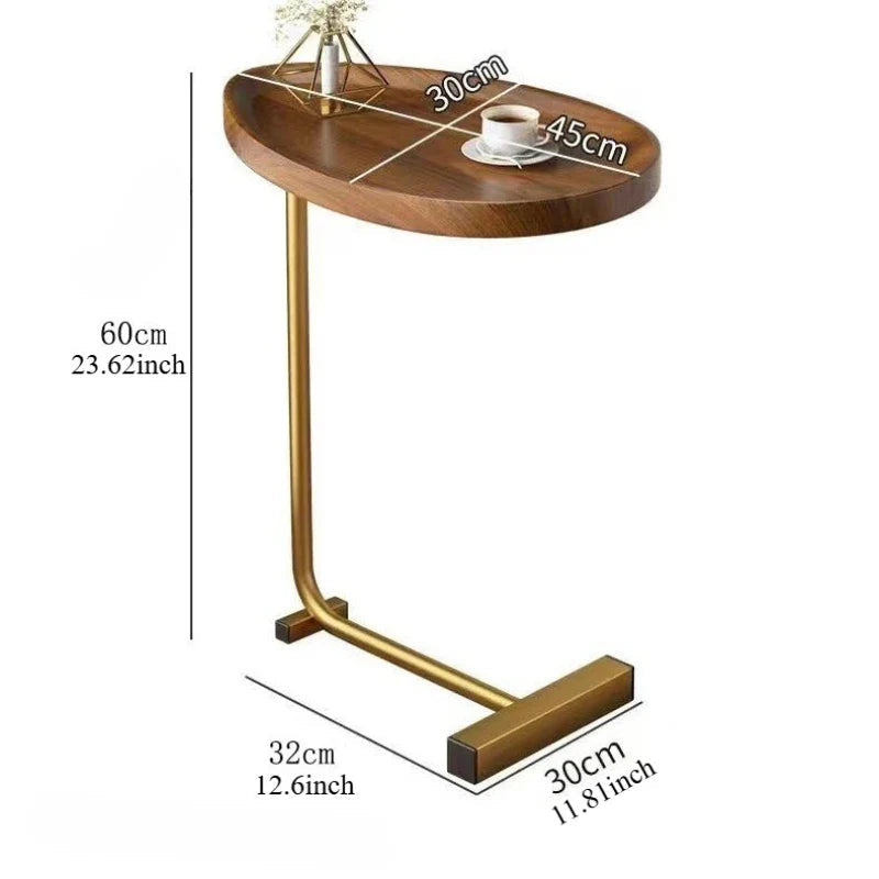 Compact C-Shaped Side Table in Wood and Metal for Sofa or Bed