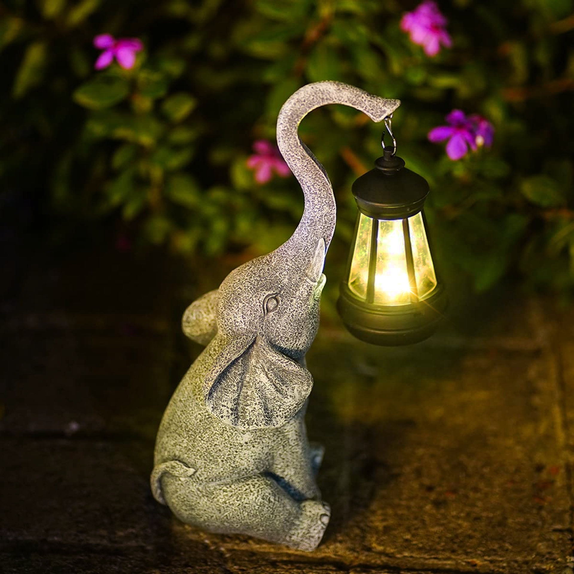 Elephant Lantern Solar Garden Light with Grey Stone Finish