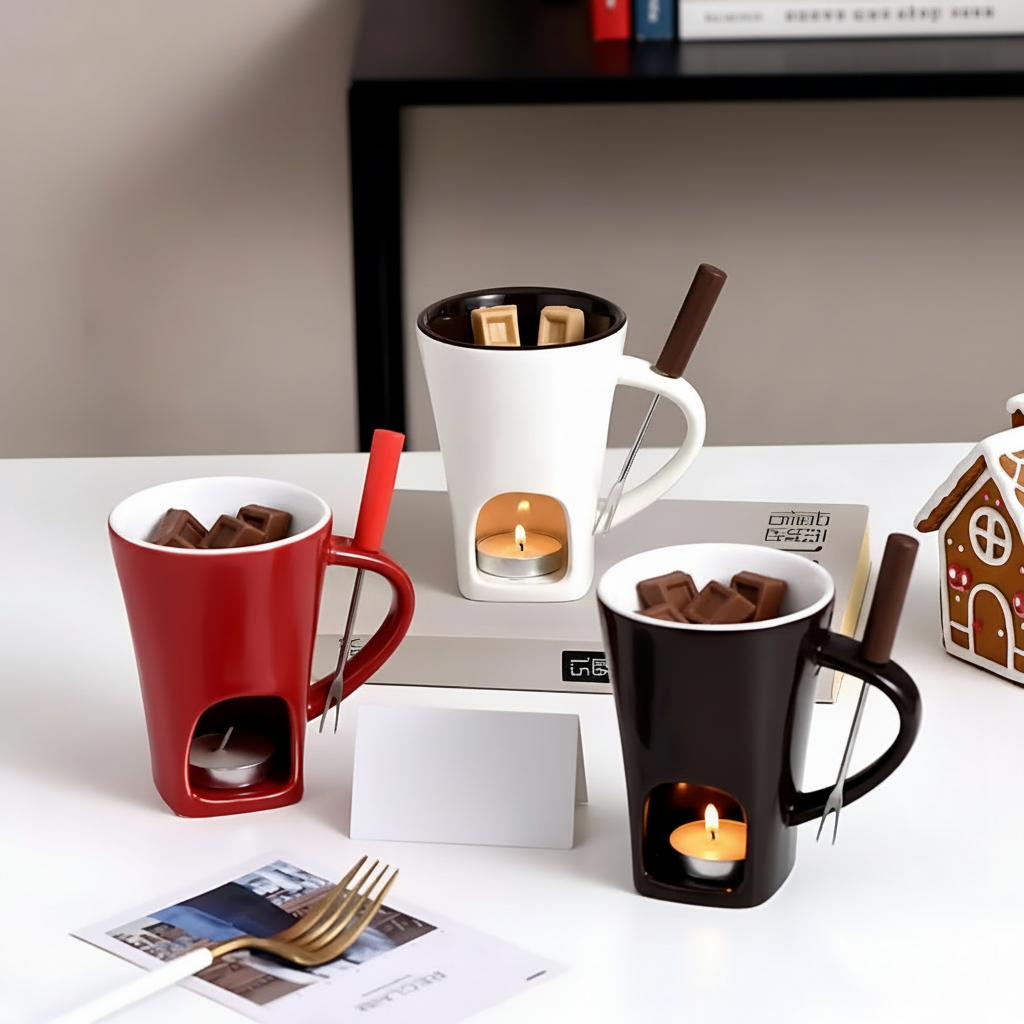 Ceramic Fondue Pot for Chocolate and Cheese with Candle Heater