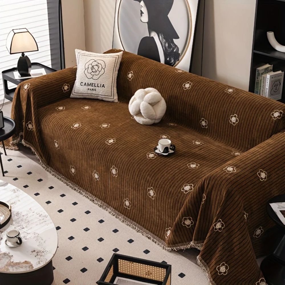 Floral and Striped Embroidered Chenille Sofa Protector - Breathable Fabric
