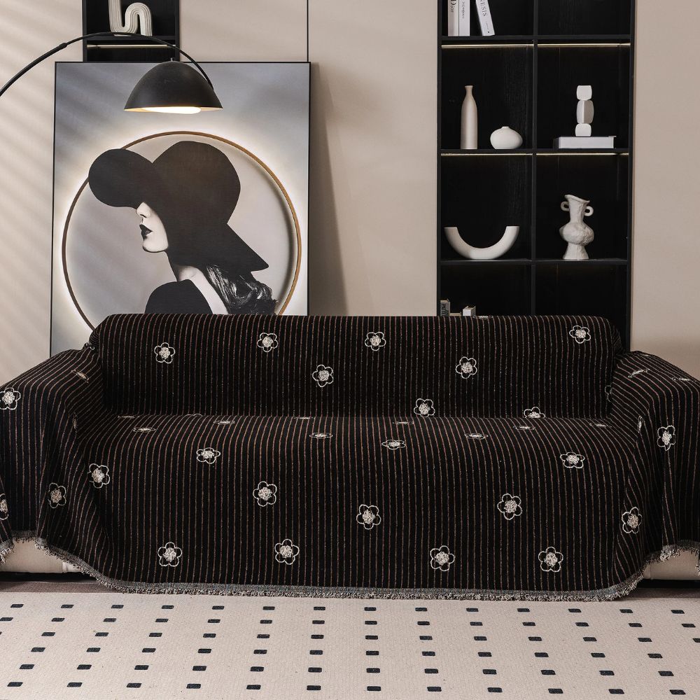 Floral and Striped Embroidered Chenille Sofa Protector - Breathable Fabric