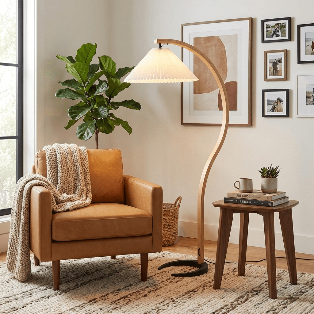 Scandinavian Style Beech Wood Floor Lamp for Contemporary Living Room