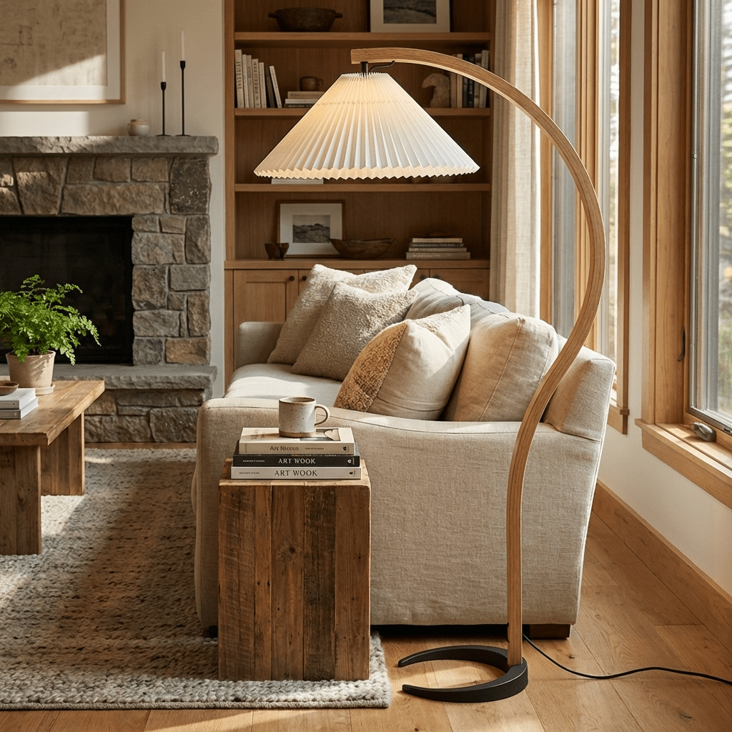 Scandinavian Style Beech Wood Floor Lamp for Contemporary Living Room
